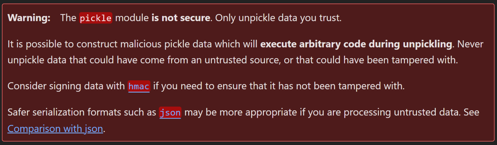 Figure 11. Python docs about the unsafe nature of Unpickling