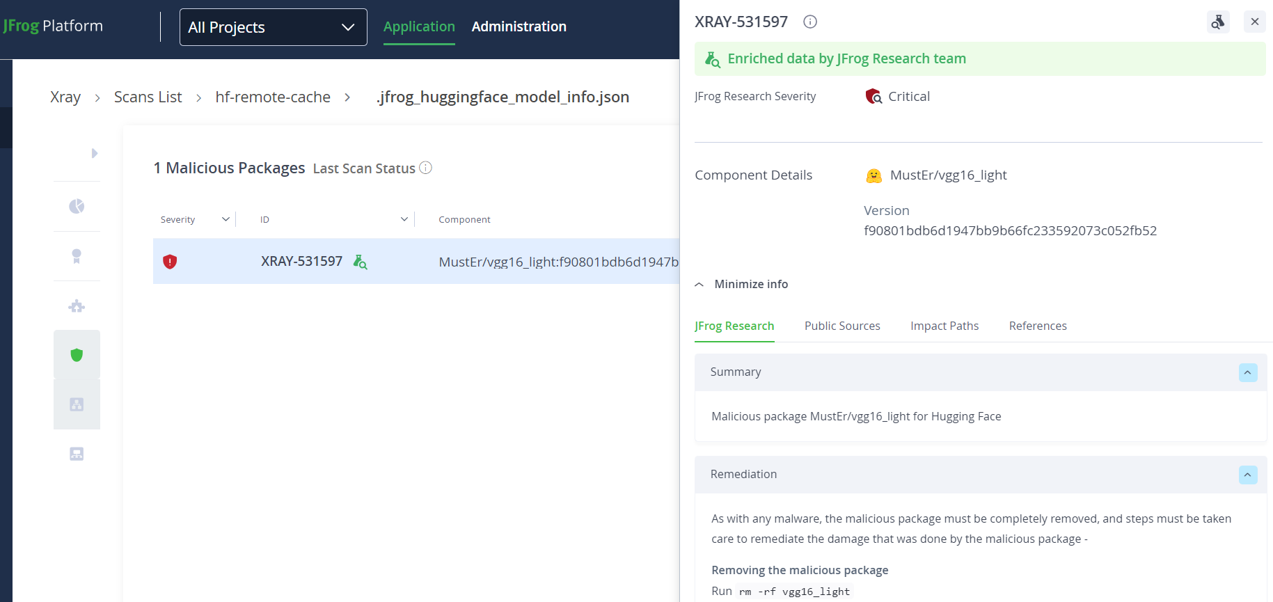 Figure 40. Detecting malicious ML models with JFrog Xray