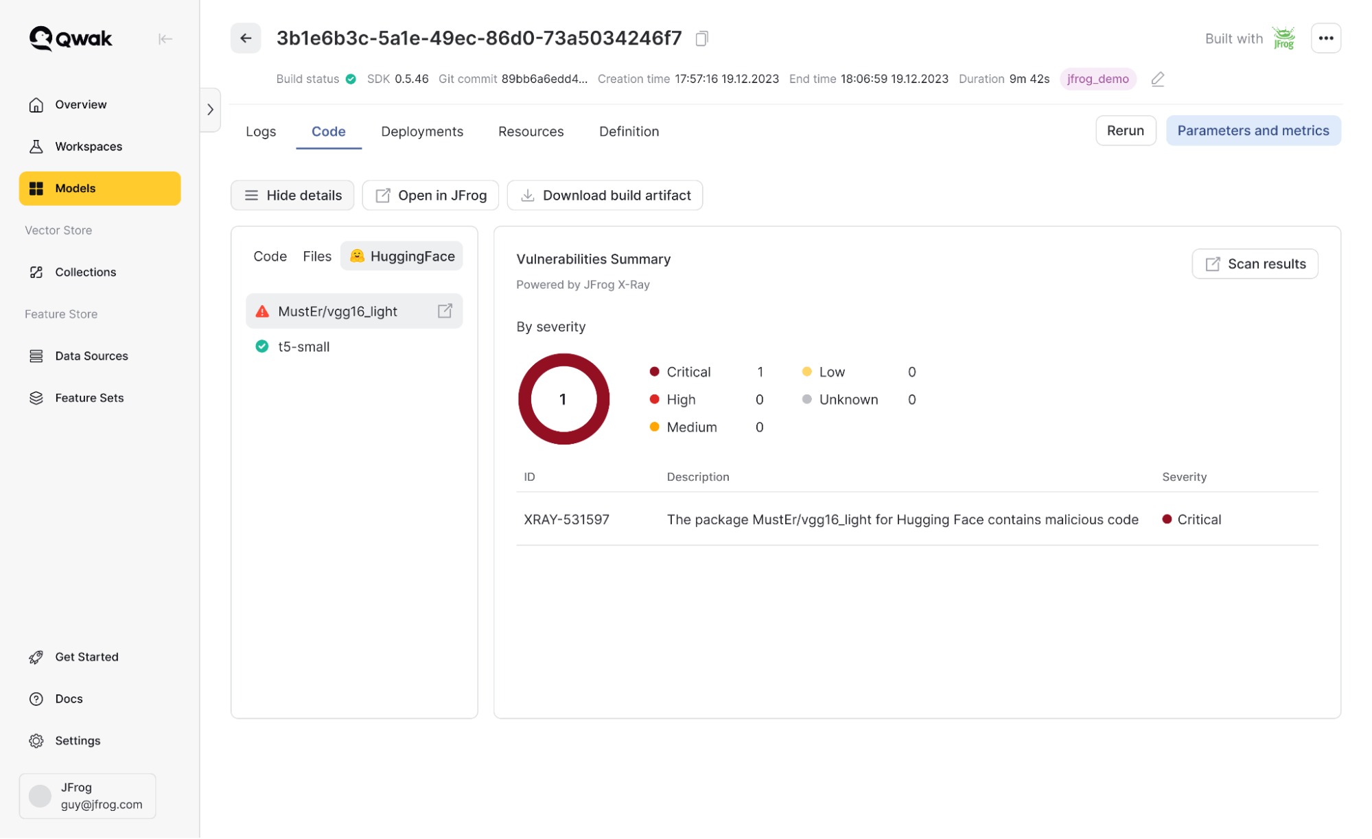 Model vulnerabilities detected by JFrog Xray