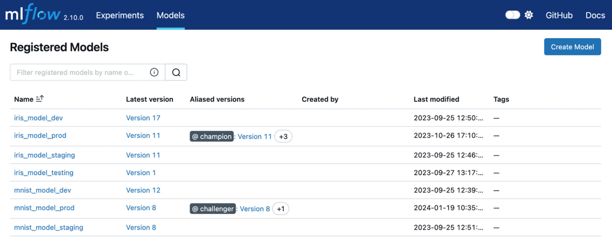 Figure 6. The MLFlow model registry